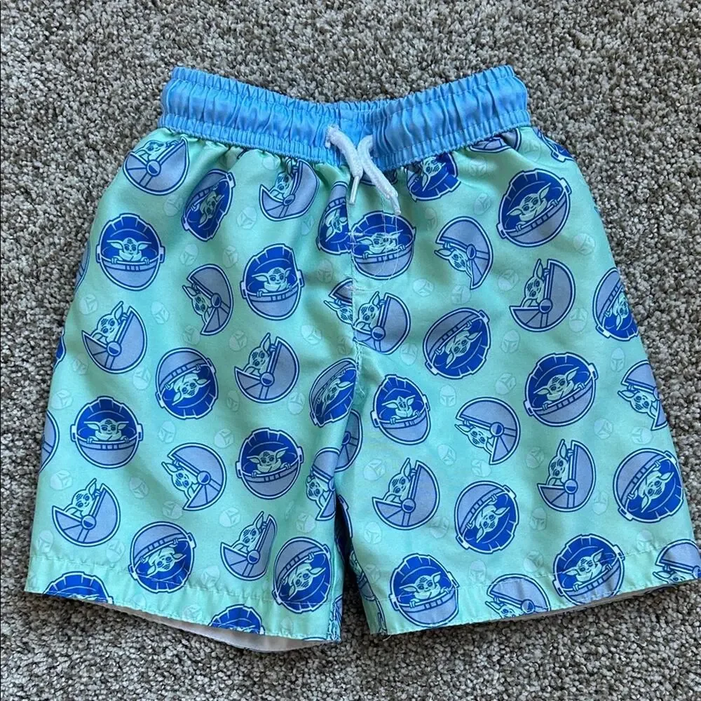 Star Wars Baby Yoda Boys Blue and Green Swim Trunks, Size 2T